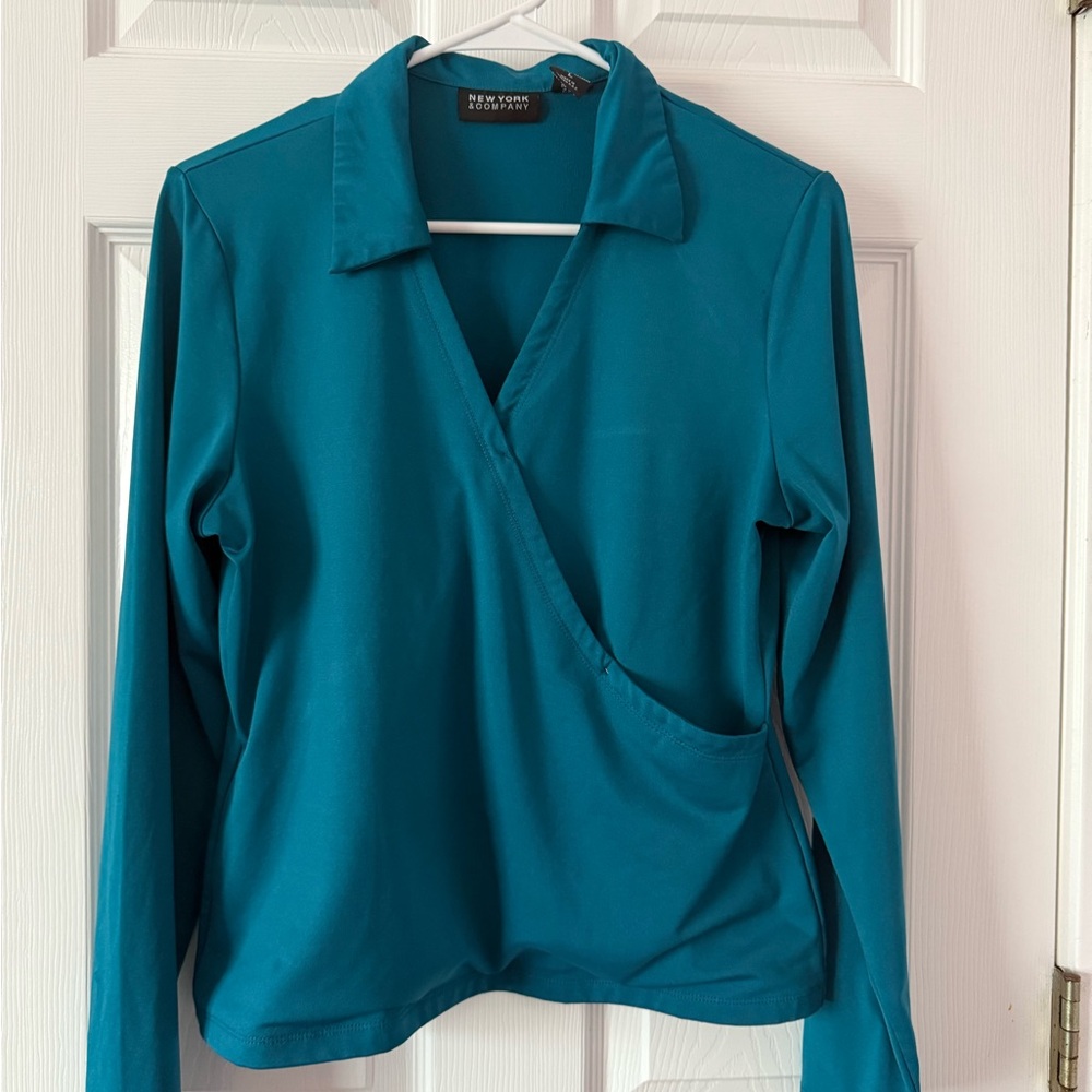 New York & Company Teal Long Sleeve Blouse